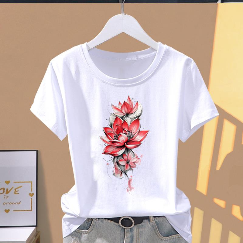 

(Asian Size) sweet flower floral cute Clothing Print Graphic Tee Female Casual Fashion T Women s Top Short Sleeve T-shirts S