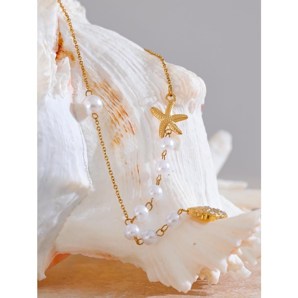 Yhpup Trendy Simulated Pearls Bead Chain Pendant Shell Zircon Necklace 18K PVD Plated High Quality Fashion Summer Jewelry