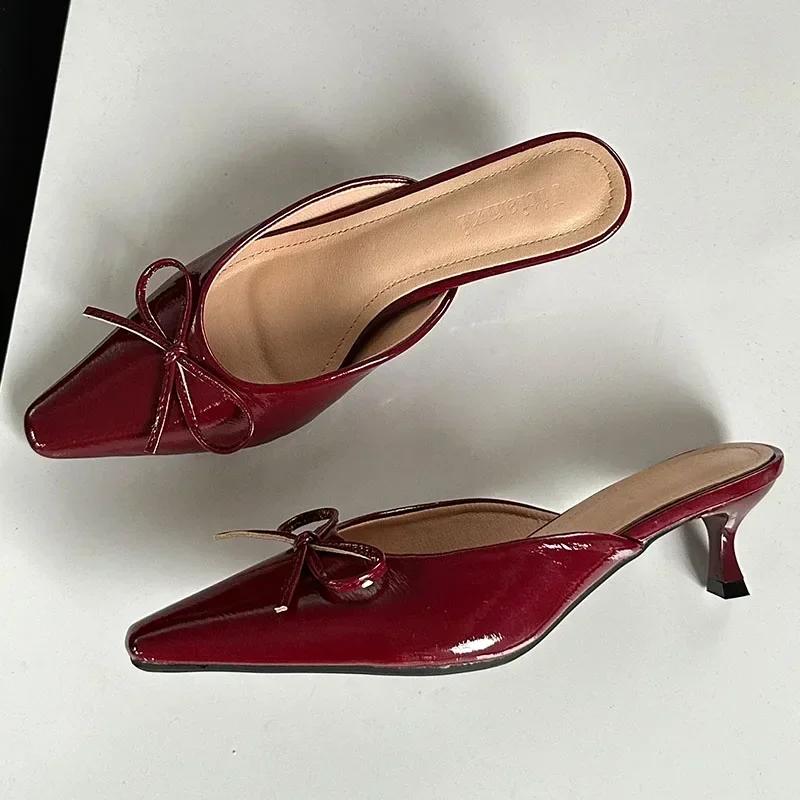 Fashion Butterfly-Knot Ladies Thin Heels Shoes Pointed Toe Pumps Slides Footwear Women Medium Heels Female Slippers Mules