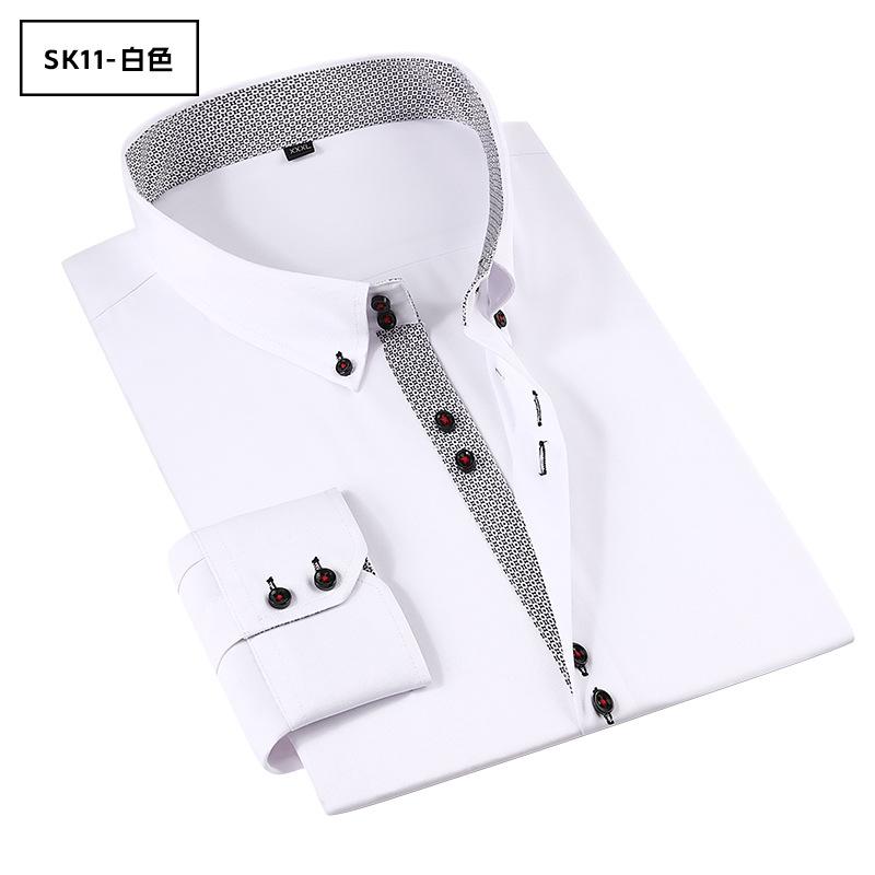 

Mens White Long Sleeve Dress Shirt with Jacquard Collar and Placket Detail S