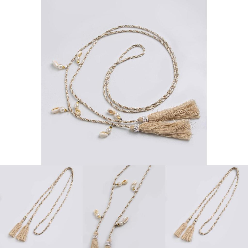 Ethnic Style Cotton Linen Waist Rope With Wooden Beads And Tassels For Casual Wear