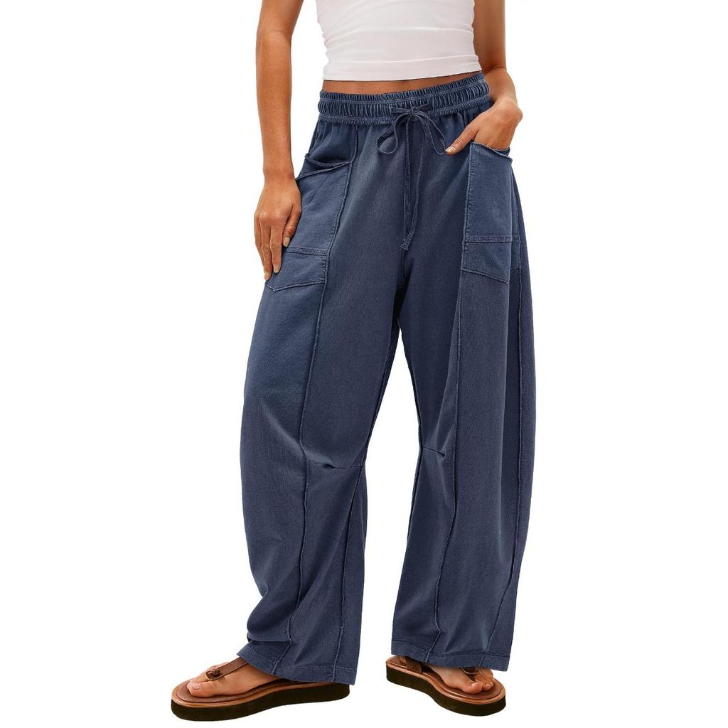 Women's Elastic Drawstring High Waist Stitch Detail Pocket Wide Leg Loose Casual Long Pants Summer Daily Jogger Trousers