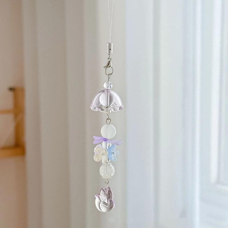 Elegant Wind Chime Flower Handmade Beaded Keychain Lovely Fox Mobile Phone Chain Lanyard Bag Pendant Friend Birthday Gift