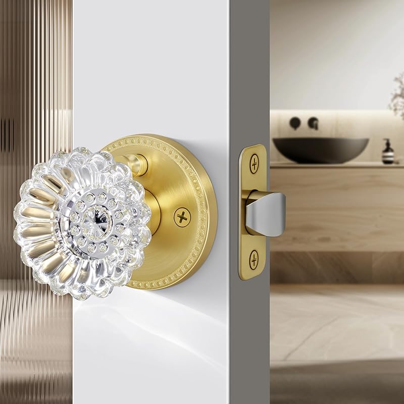 Privacy Crystal Door Knob, Gold Vintage Crystal Door Knob with Privacy Lock, Glass Doorknob Interior for Bathroom, Bedroom, Satin Brass