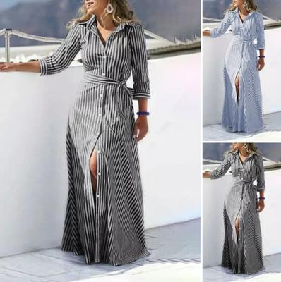 Womens Stripe Print Spring Summer 3/4 Sleeve Turn-down Collar Long Shirt Dresses
