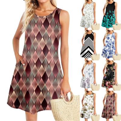 Summer Dresses For Women Beach Boho Sleeveless Printing Flowy Pocket Tshirt Tank Sundresses