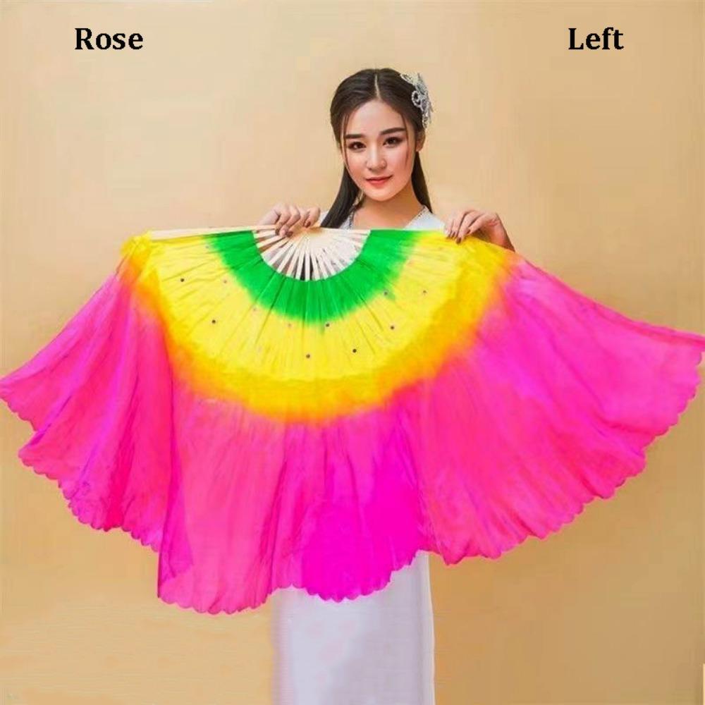 

45cm Half Circle Silk Kids Children Bamboo Fans Hand Dye Adults Fan Veil Pairs Yangko Dance Tools Rose Left