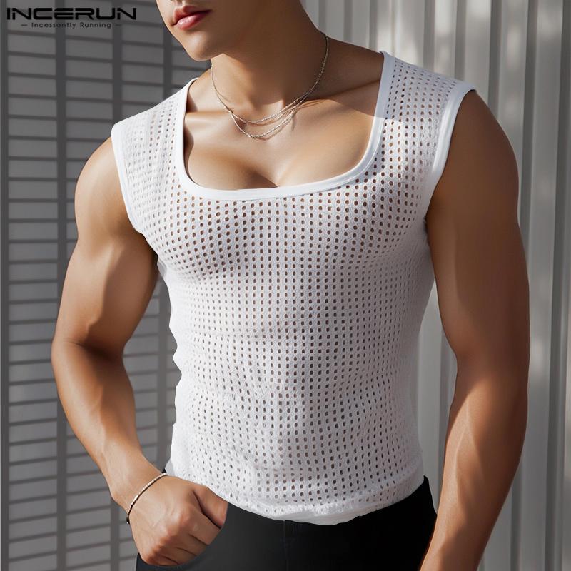 

INCERUN Men O Neck Sleeveless Mesh Sheer Hollow Tank Tops T-shirts S чёрный