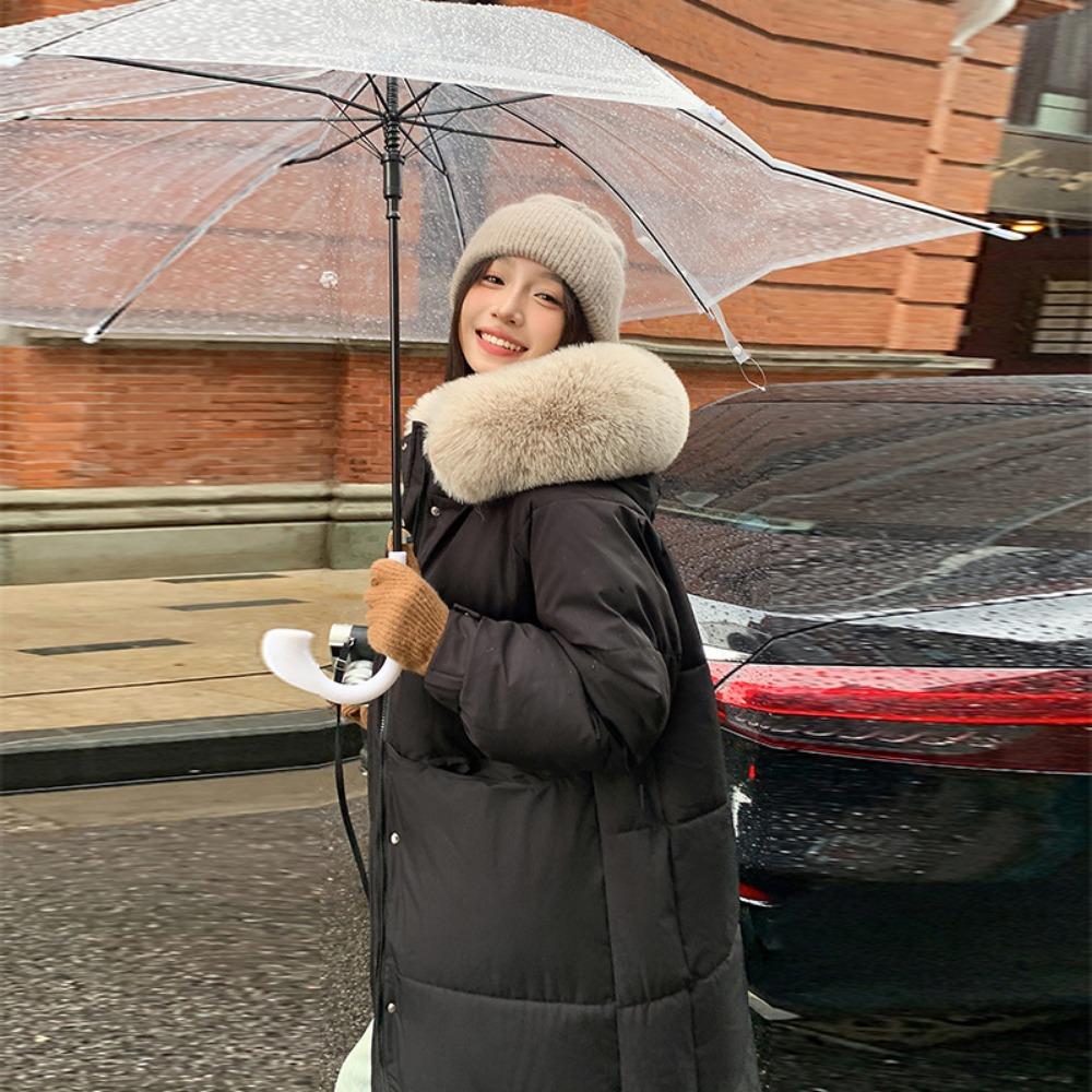 New winter down cotton clothes women's medium and long knee-length thickened slim-fitting big fur collar hooded jacket