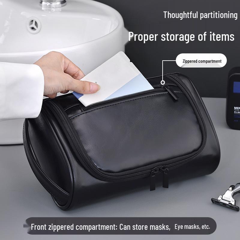 Men's PU Leather Handheld Cosmetic Bag: High-Capacity Waterproof Toiletry Travel Case