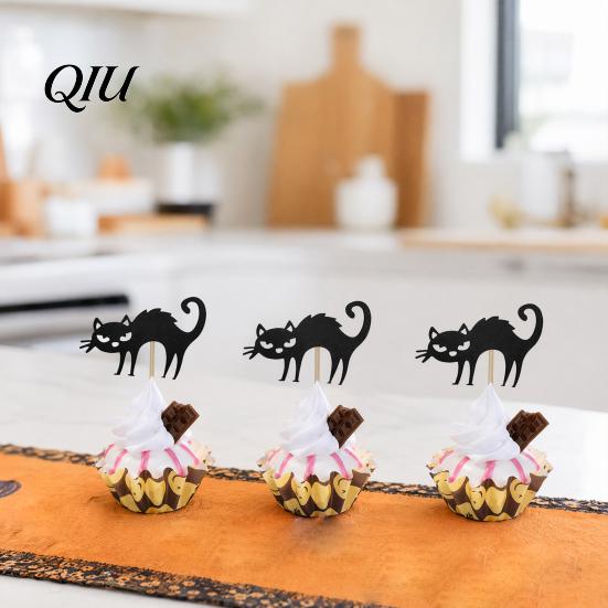 Halloween Party Cake Decor 8 Pcs Cat Cupcake Topper, Black Cute Kitten Safe Food Contact Topper Pick for Baby Shower Birthday Wedding Decoration
