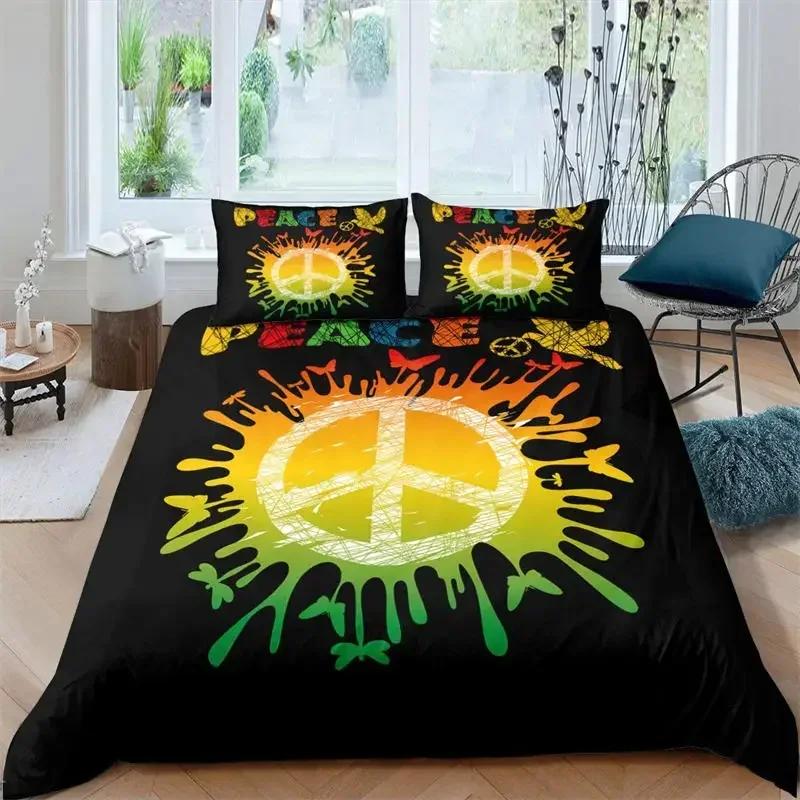3D Hippie Peace Symbol Colorful Pattern Chic Exotic Flower Comfortable Duvet Cover Pillowcase Bedding Set Children Home Textile