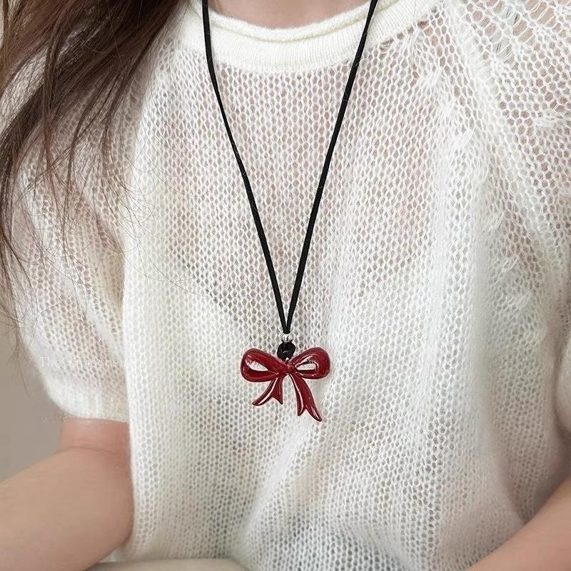 1 st Ankola Rött Rosett Halsband Dam Minimalistisk Tröjkedja Nisch Mångsidig Svart Lädersnöre Tillbehör