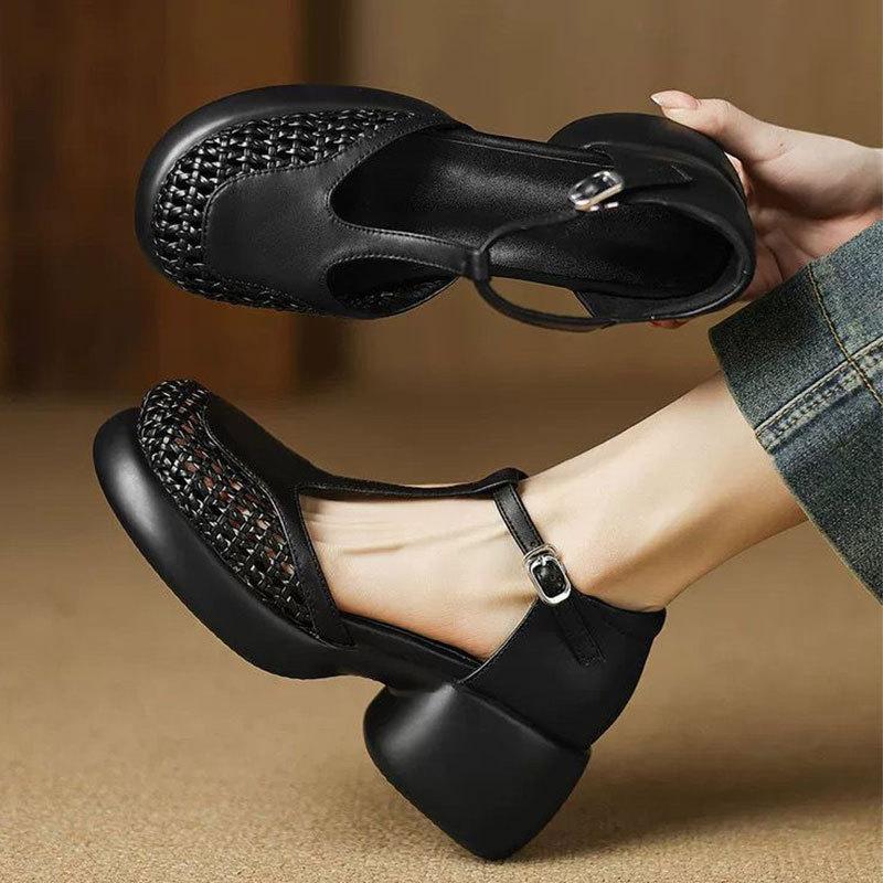 Huge Soft Leather Hollow Bag Head Sandals Women's 2025 Summer New Waterproof Table Thick Heel Thick Sole High Heel Roman Women's Shoes