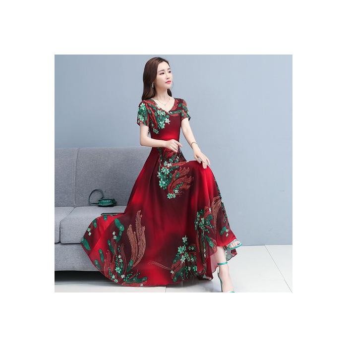 

Summer over-the-knee V-neck big pendulum long dress, new printed waist and thin middle-aged mother dress skirt 3XL червоний