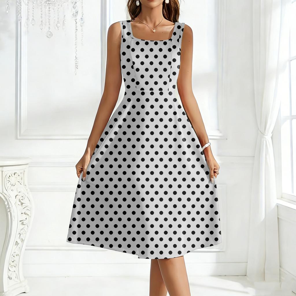 Women's Square-Neck Sleeveless Polka Dot Maxi Dress