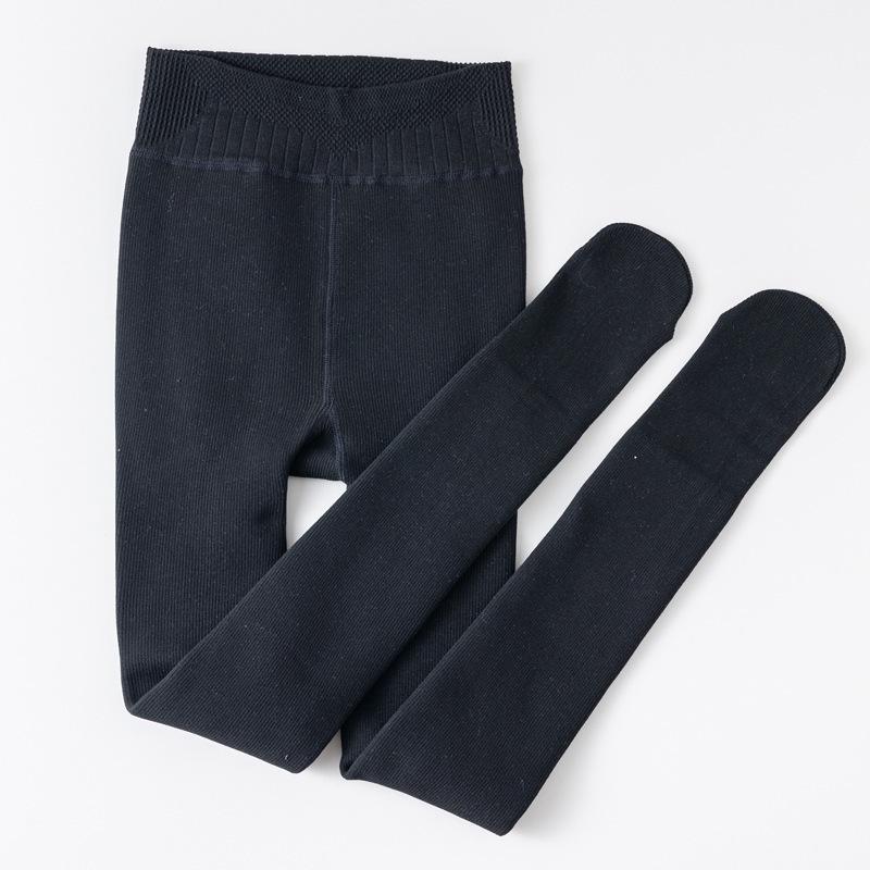 Women's Autumn/Winter Vertical Stripe Black & Gray Fleece-Lined Slimming Tights