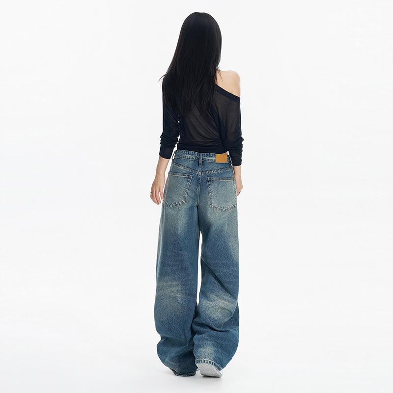 Retro American street flanged waist design jeans women's autumn new loose and versatile mopping wide-leg pants tide