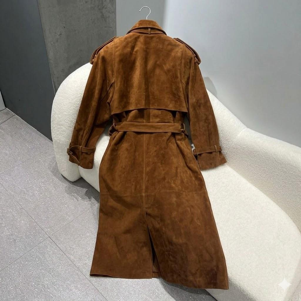 Women's Brown Handmade Trench Coat Party Genuine Casual Suede Lambskin Leather
