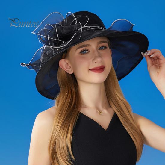 Chapeau de soleil à large bord en organza avec fleurs et plumes, protection UV, matériau translucide, pour femme