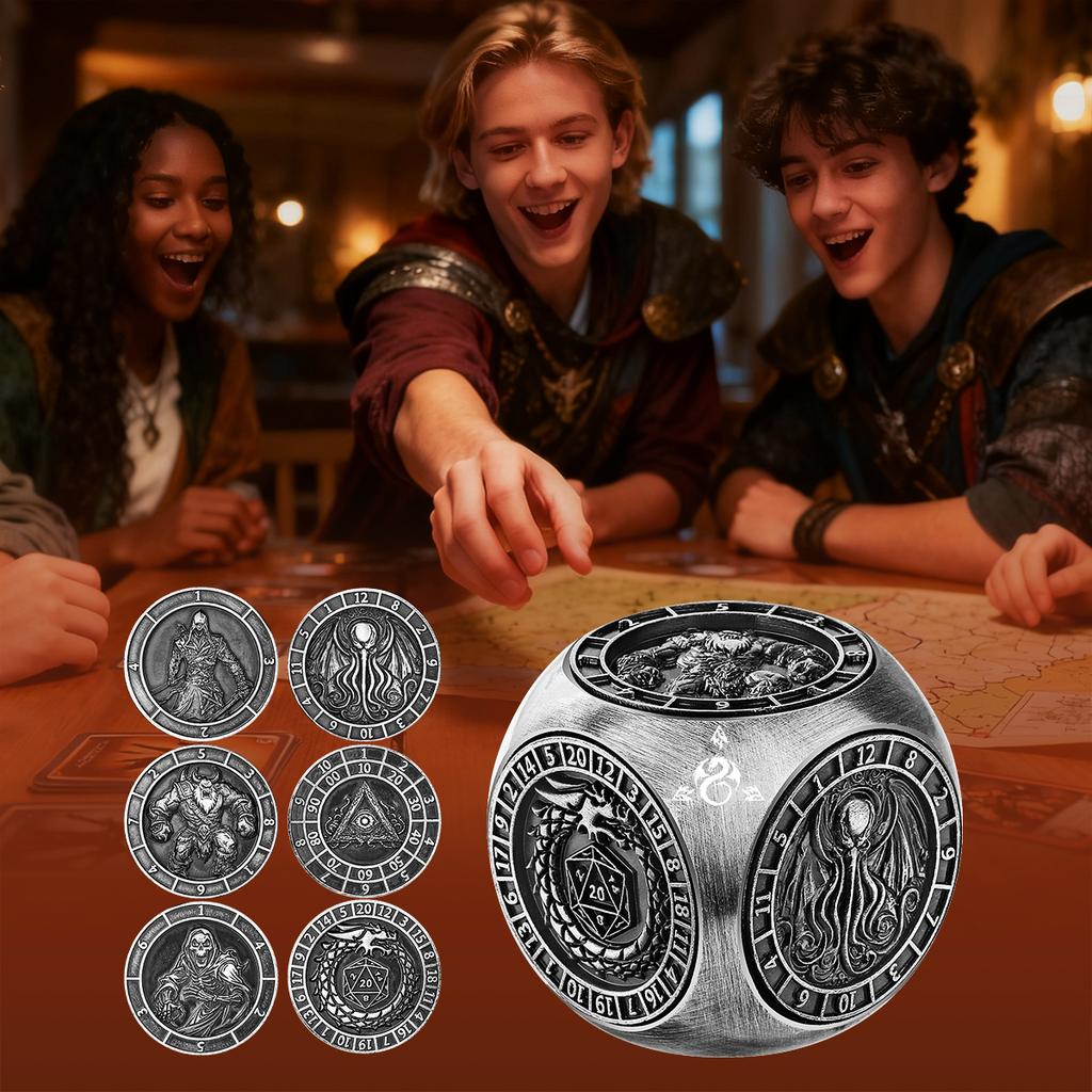 Partygeschenk Sechs-in-Eins Metall Drehende Würfel RPG Rollenspiel mit Sechs Verschiedenen Mustern Drehbarer Würfel D4/D6/D8/D10/D12/D20