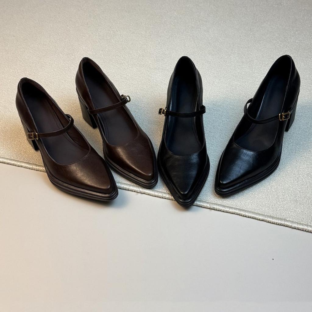 Cowhide Version~ Black Thin Leather Mary Jane Shoes Women's Cm Thick Heel Pointed Head Shallow Mouth One-word Buckle Single Shoes High Heels