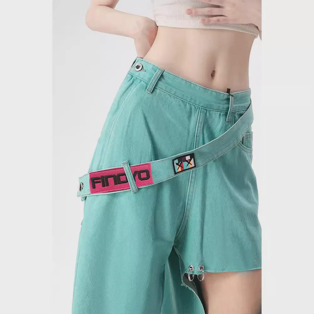 Damen Sommer Dünne Mintgrüne Mambo Retro Weitbeinige Zerrissene Jeans