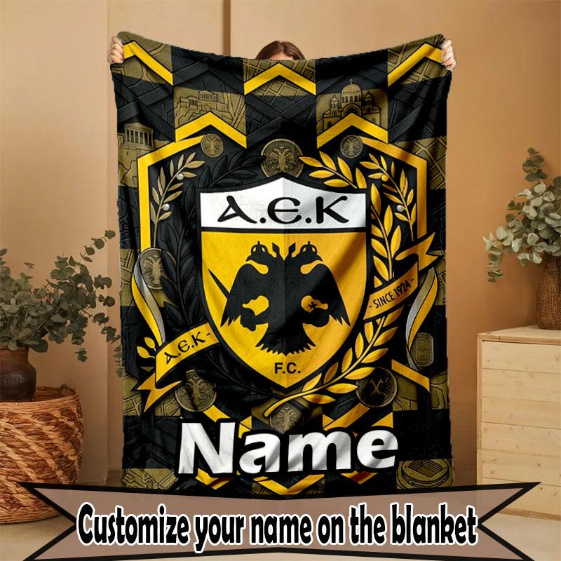Custom Name Personalized AEK Athens FC Print Blanket, Home Decor, Bedroom, Sofa, Camping, Couch, Gifts for Birthday Christmas