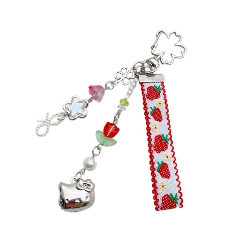 Flower Beaded Keychain Pendant Colorful Ribbon and Cat Head Keyring Multifunctional Keychain Phone Charm Bag Accessory 1 красный
