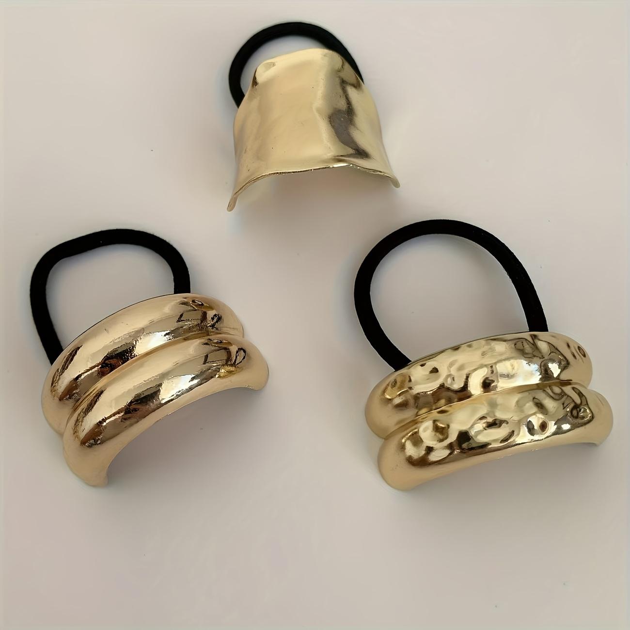 

3 Elegant Golden Alloy Hair Ties with Chic Geometric Metal-trimmed Headbands,Durable High-elasticity Black Elastic Hair