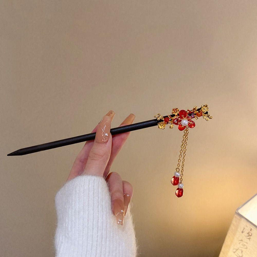 Vintage Red Rose Fringe Hairpin Fashion Chinese Hairpin Headwear Retro Red Hair Stick  Disk Hair
