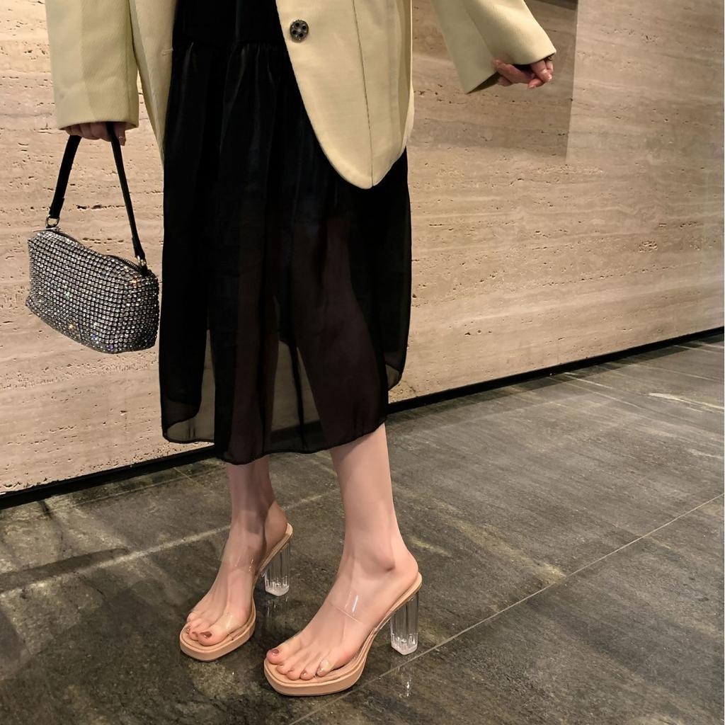 Transparent high-heeled sandals for women's 2025 summer new one-word with thick-soled waterproof table thick-heeled crystal slippers for women's ou