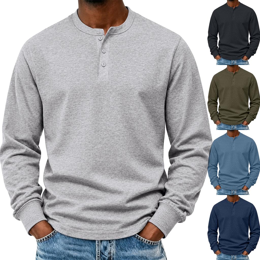 Men's Crewneck Long Sleeve T-Shirt with Button, Color Casual Top for Everyday Wear