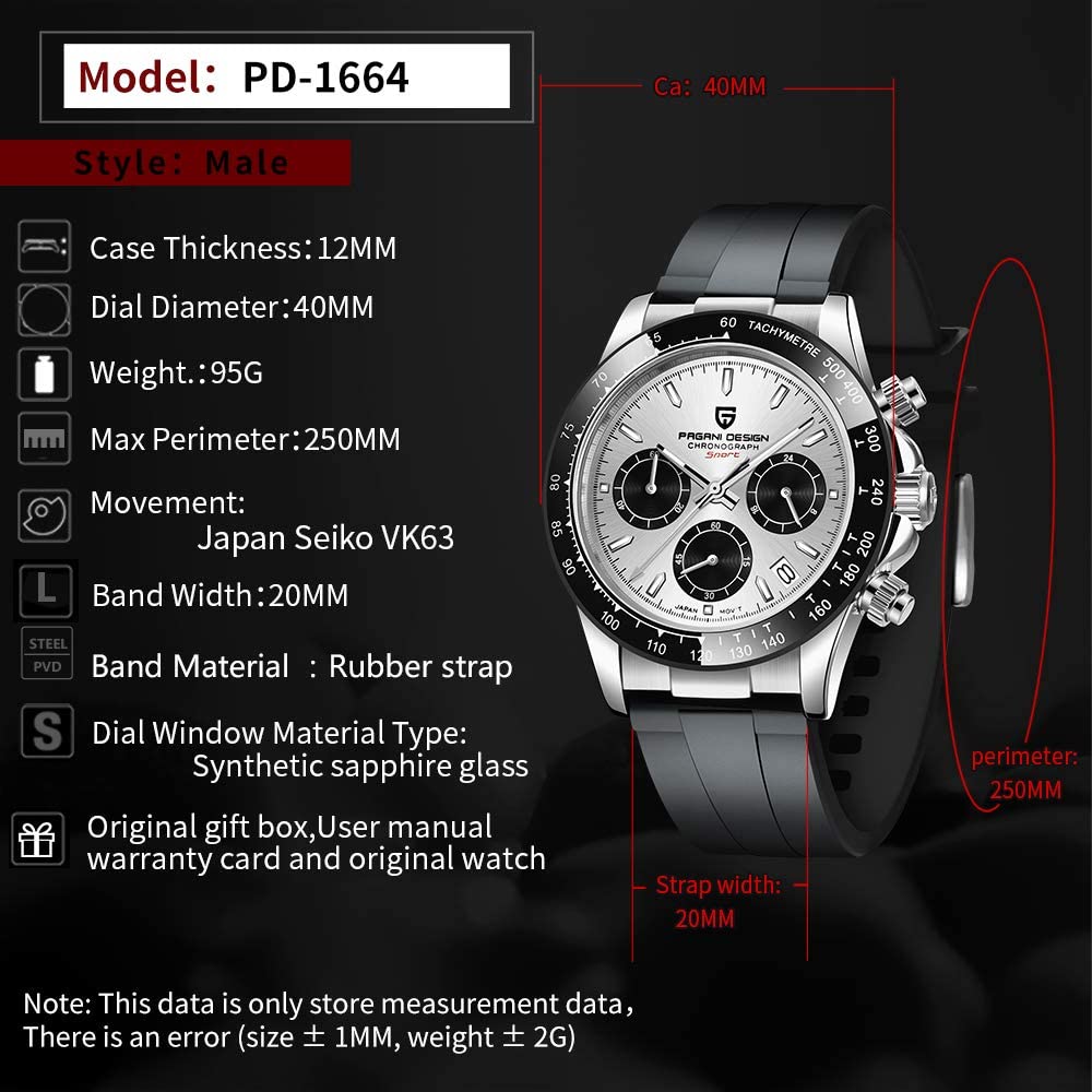 Pagani Design Men's Wristwatch PD-1664 Silver Japan-made Quartz Movement Daytona Chronograph Waterproof Ceramic Bezel Dress Watch Stainless Steel Band