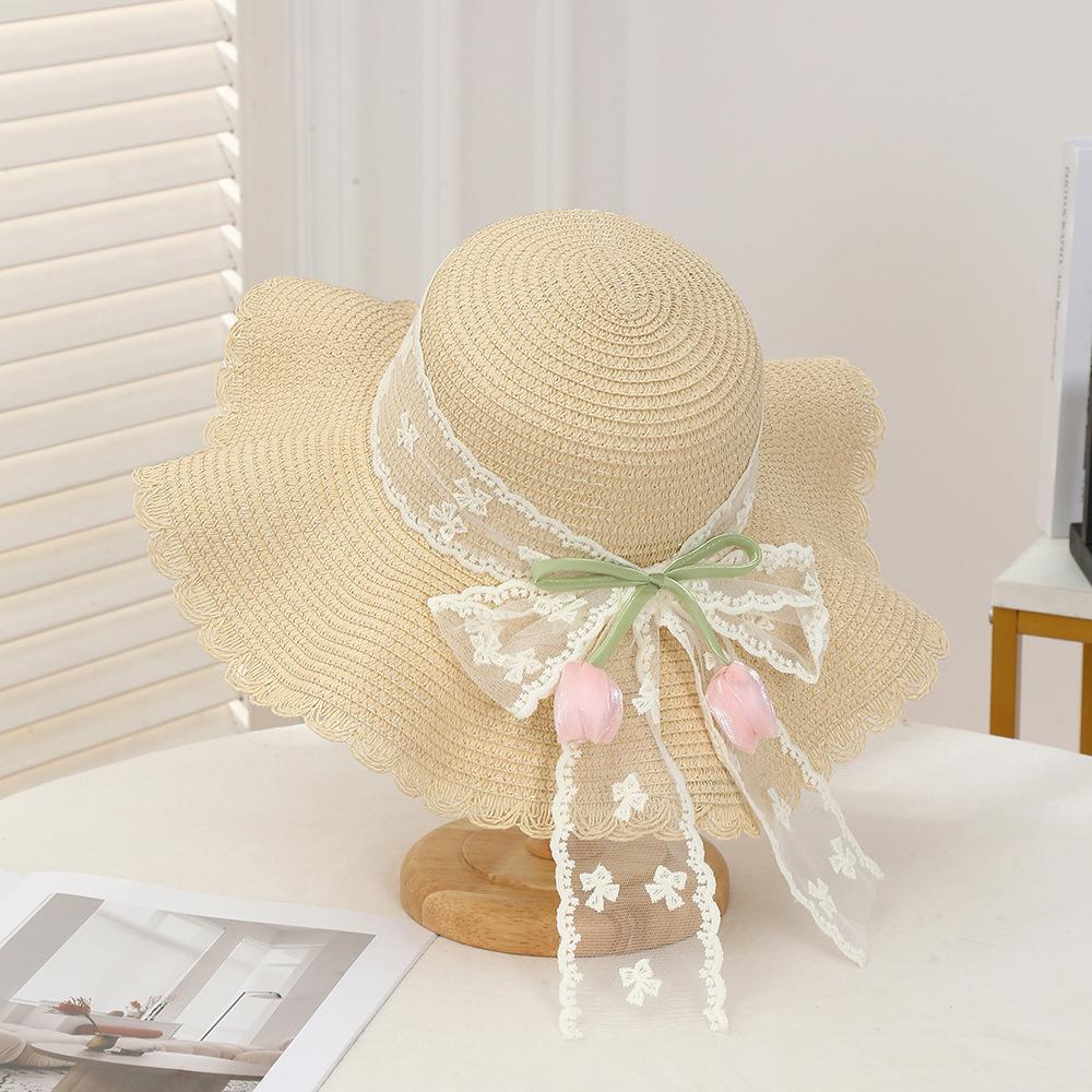 Summer Tulip Straw Hat, Seaside Vacation Bow Sunscreen Sun Hat, Large Brim Sun Hat Wholesale Spot