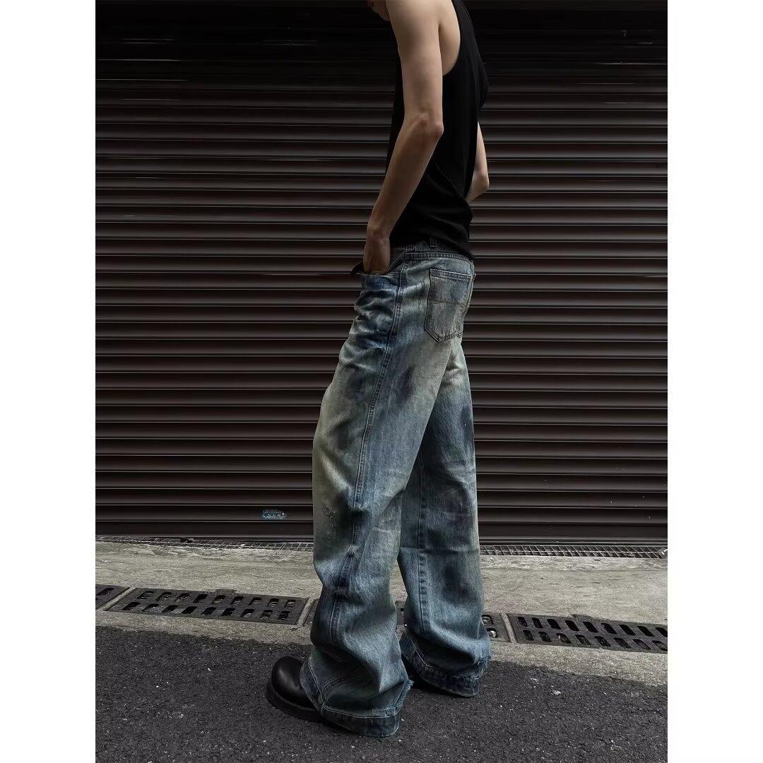 

Джинсовые брюки High Street для мужчин, ретро-состаренные, свободные прямые брюки, спортивные брюки с широкими штанинами, модные 3XL синий