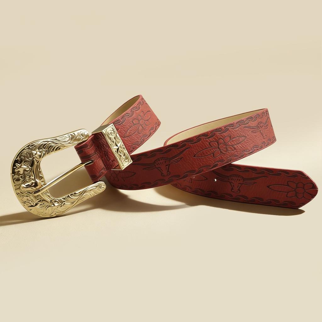 American denim red embossed decorative belt, full set of engraved hardware five-star horseshoe buckle western retro belt
