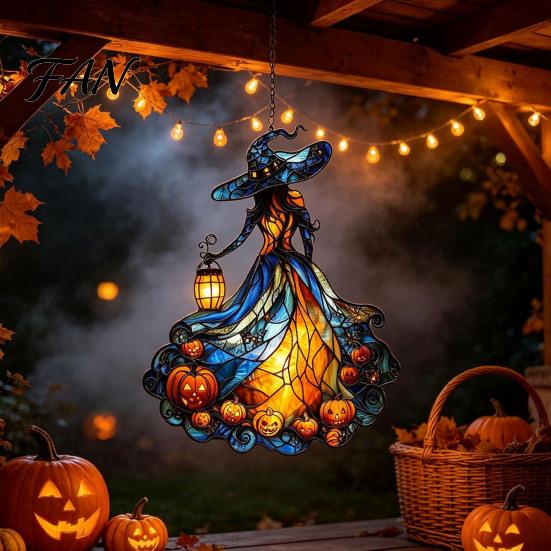 Acrylic Witch Hanging Art Suncatcher, Stained Glass Effect Window Car Ornament, Gothic Scary Decorative Sun Catcher with Pumpkin Lantern for