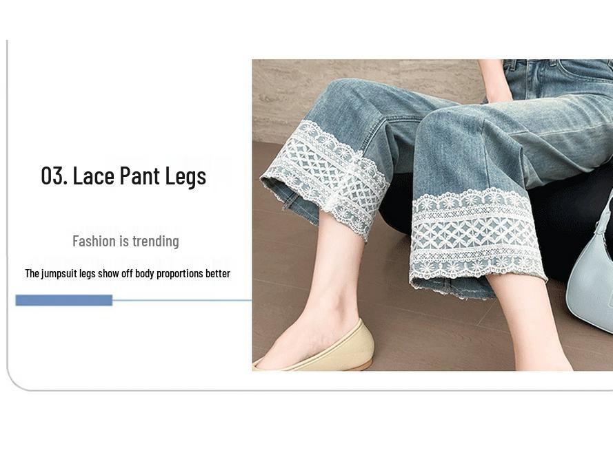 Women's Lace Patchwork High-Waist Wide-Leg Denim Pants - Spring/Autumn Cropped Style