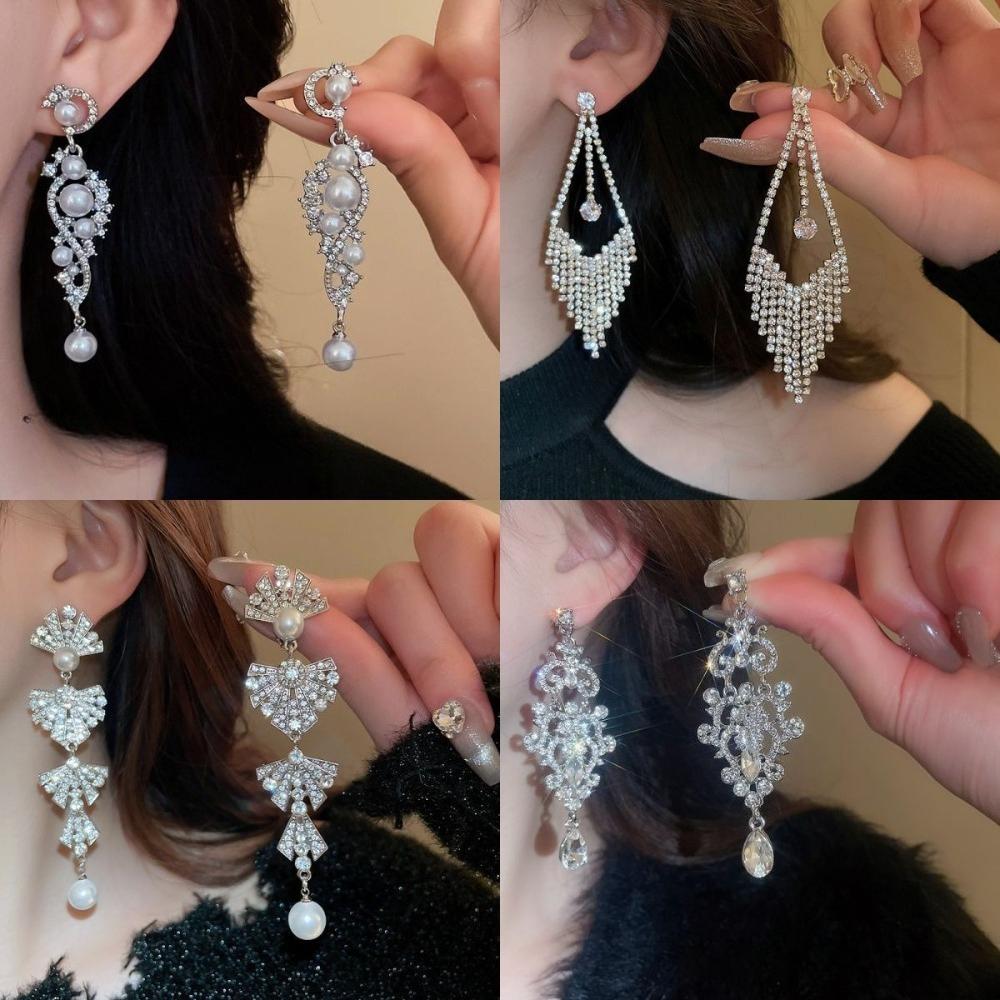 Luxury Temperament Sparkling Hollow Flower Rhinestone Tassel Dangle Earring Women's Charm Bride Wedding Engagement Jewelry Gift