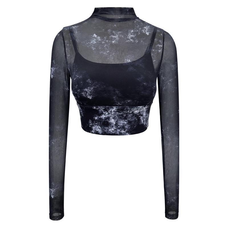 

Women s Summer Long-Sleeve Yoga Top - Cloud Dye Mesh, Shock-Absorbing, Integrated Cup, Two-Piece Look Large