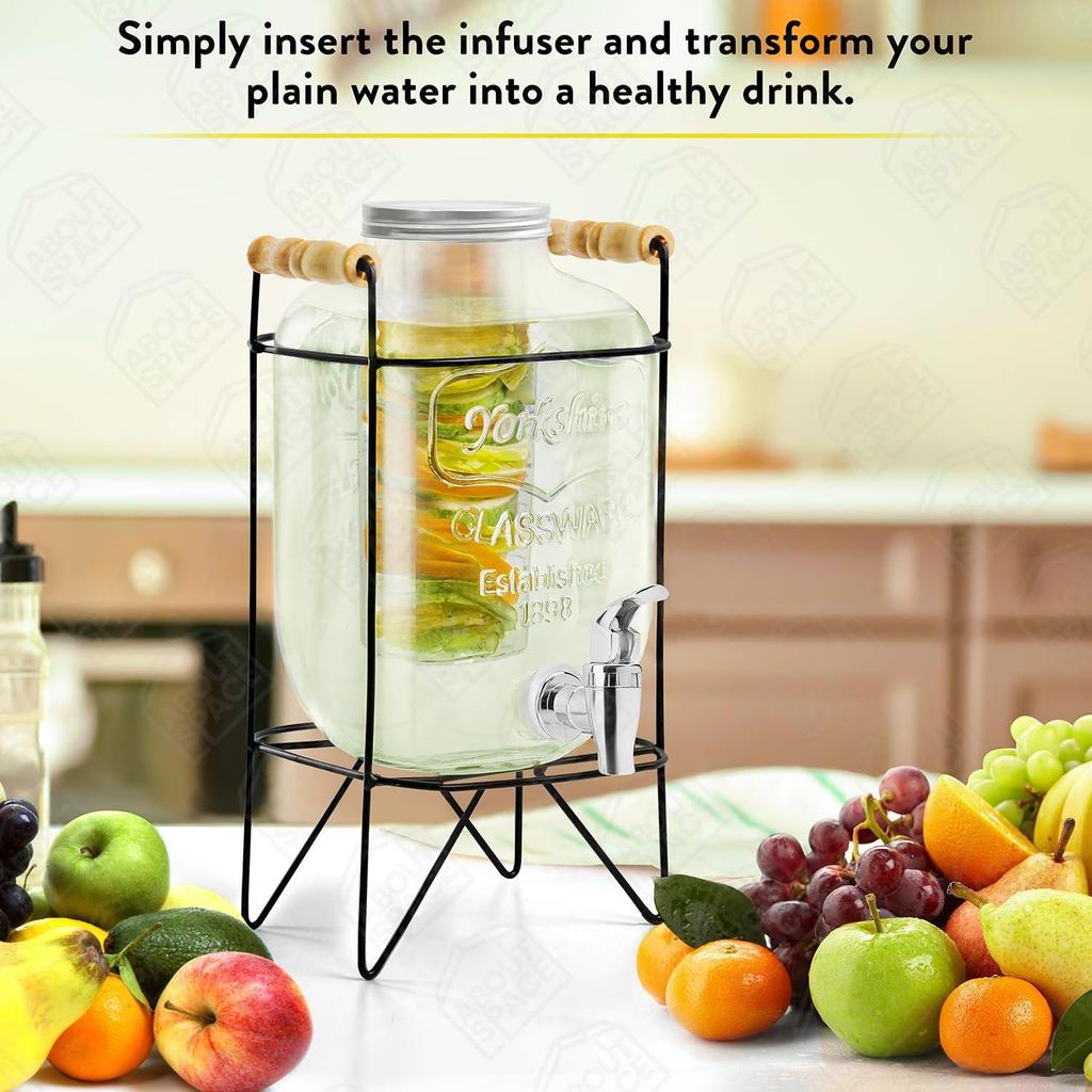 4 Litre Glass Water Dispenser with Stainless Steel Tap SS-304, Infuser & Stand - Air Tight Lid Detox Water Jar Mason Jar