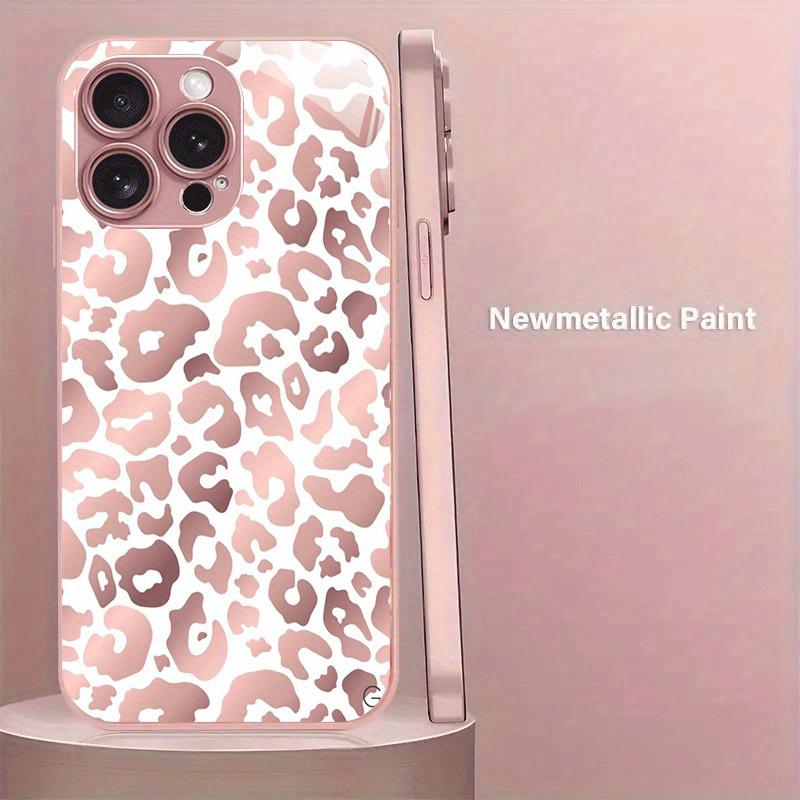Pink Leopard Print Pattern Metallic Paint Glass Hard Phone Case For iPhone 11 12 13 14 15 16 17 Pro Max 15 Plus 16E 17Air Cover