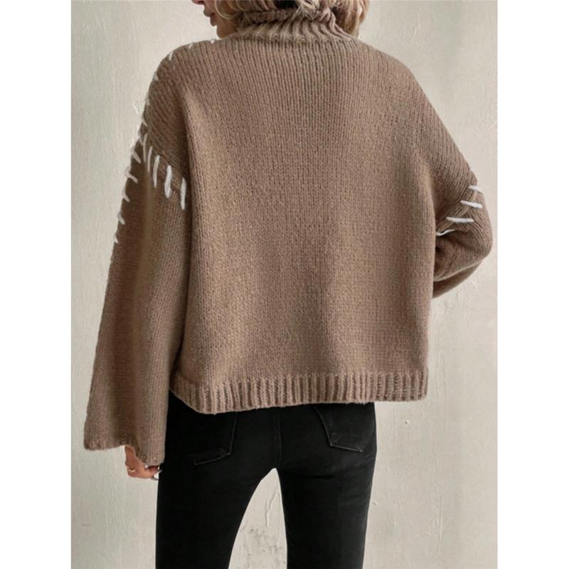 Women Fall Winter Pullovers Fashion Knit Sweater Long Sleeve Knitwear Female High Neck Contrast Stitching Tops Knitwear Clothes