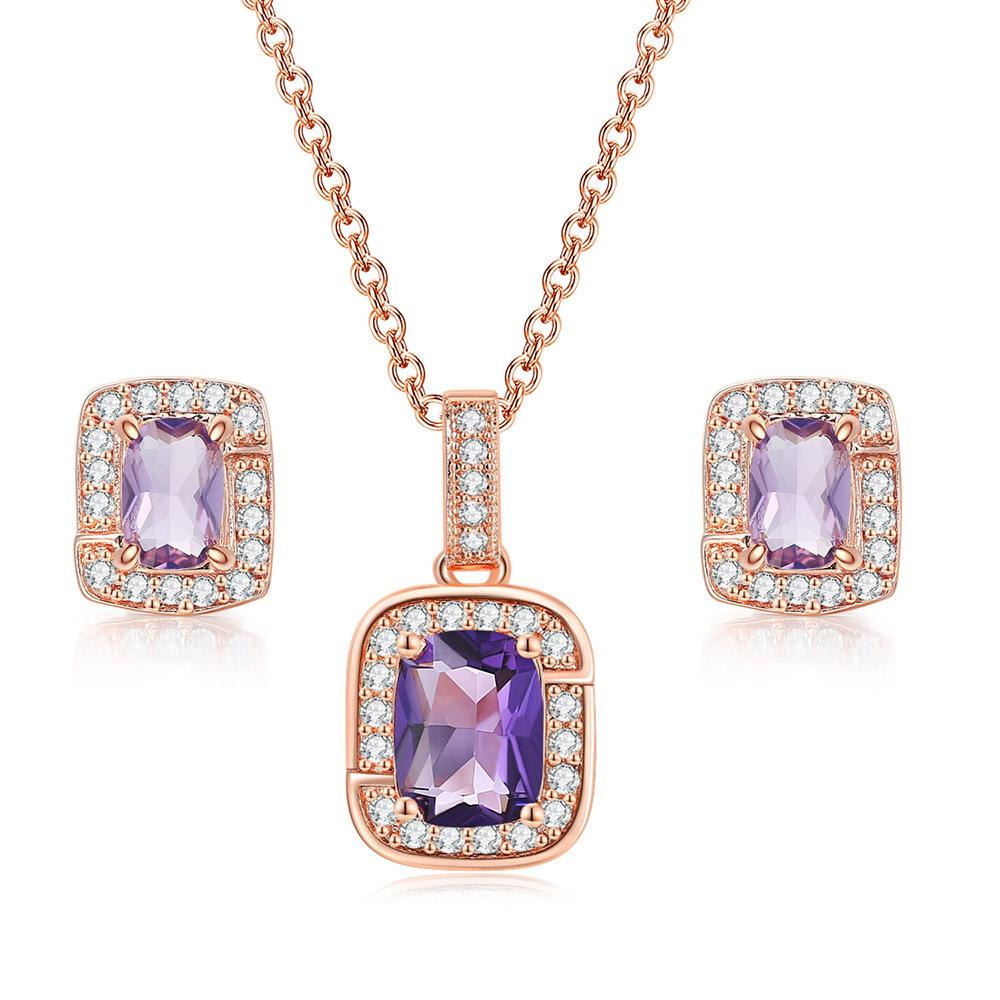 Simple Geometric Square Zircon Stud Earrings Pendant Necklace Women'S, Colored Gemstones Engagement Jewelry Set