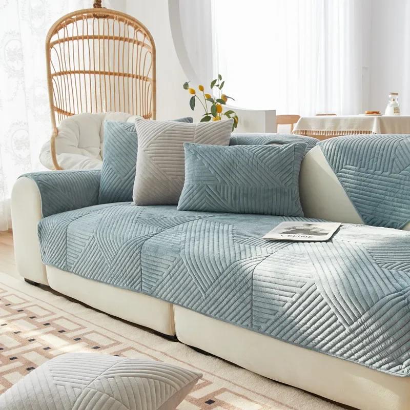 Tykk plysj Sofatrekk Geometriske Striper Sofa Håndkle Anti-skli Kombinasjon Sofa Pute Sliptrekk for stuebeskyttelse