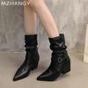 Leather Women Snow Mid Calf Boots Pointed Toe Mid Heels Shoes Woman 2025 Trend Winter Fad Chelsea Boots Pumps New Mujer Botas