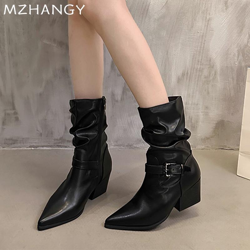 Leather Women Snow Mid Calf Boots Pointed Toe Mid Heels Shoes Woman 2025 Trend Winter Fad Chelsea Boots Pumps New Mujer Botas