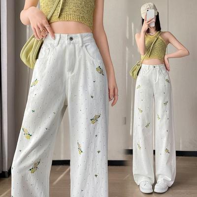 Spring Summer Women Floral Embroidered Beading Jeans Vintage High Waist Sweet Denim Pants Ladies Fashion Y2k Clothes Streetwear