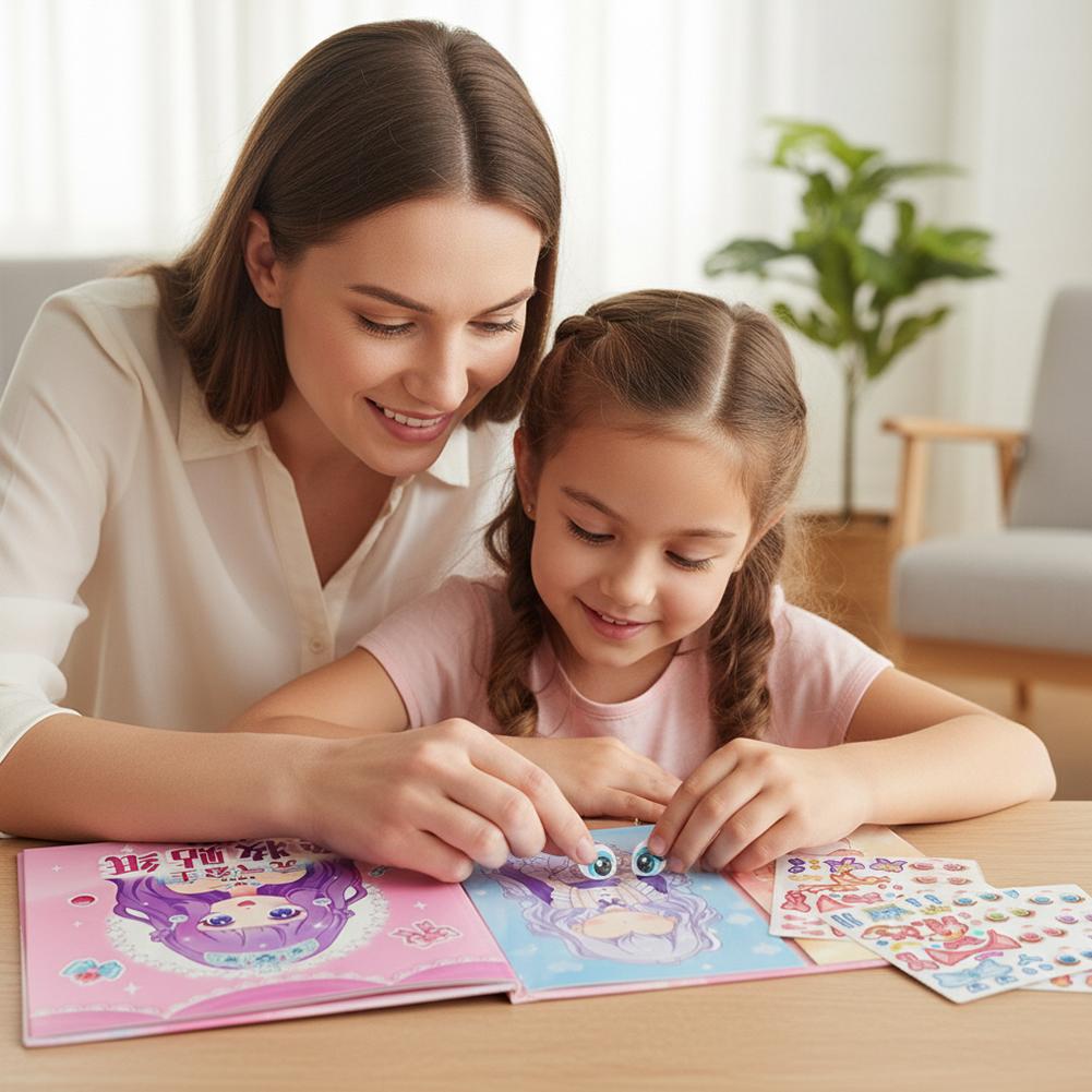 Stickers Book Handicrafts Creative Kids Stickers 15 Pages Toy Puzzle Reusable for Girls Cartoon Princess Make A Face Stickers